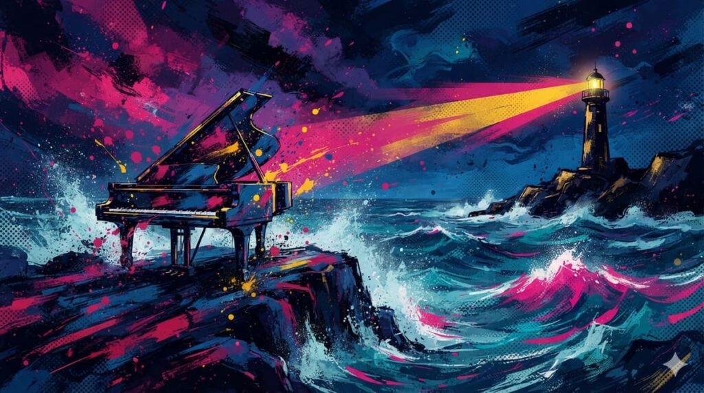 Ilustração pop-art com piano de cauda, ondas do oceano e tempestade, farol cortando a escuridão em paleta azul, rosa e dourado