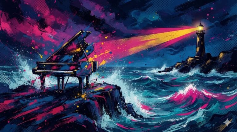 Ilustração pop-art com piano de cauda, ondas do oceano e tempestade, farol cortando a escuridão em paleta azul, rosa e dourado