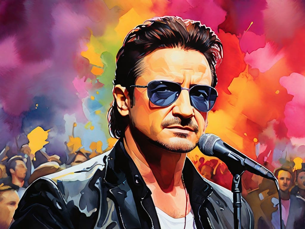 Pintura do cantor Bono Vox estilo aquarela