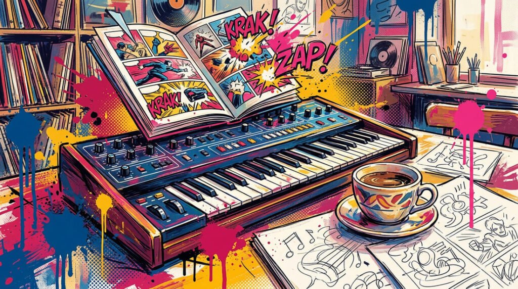 Ilustração pop-art com sintetizador vintage, páginas de quadrinhos ganhando vida, xícara de café em ambiente de cafeteria em paleta azul, rosa e dourado