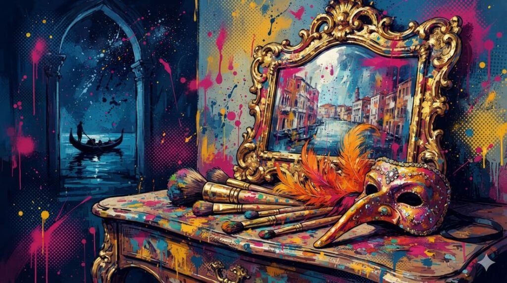 Ilustração pop-art com espelho veneziano ornamentado, pincéis de maquiagem vintage, penas laranja e silhueta de gôndola em paleta azul, rosa e dourado