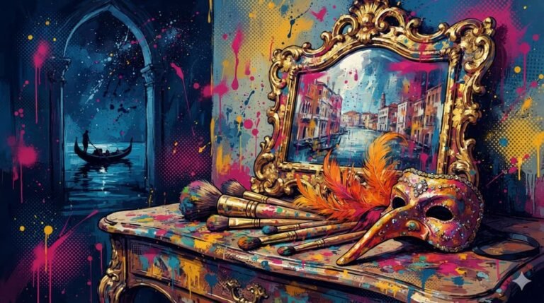 Ilustração pop-art com espelho veneziano ornamentado, pincéis de maquiagem vintage, penas laranja e silhueta de gôndola em paleta azul, rosa e dourado