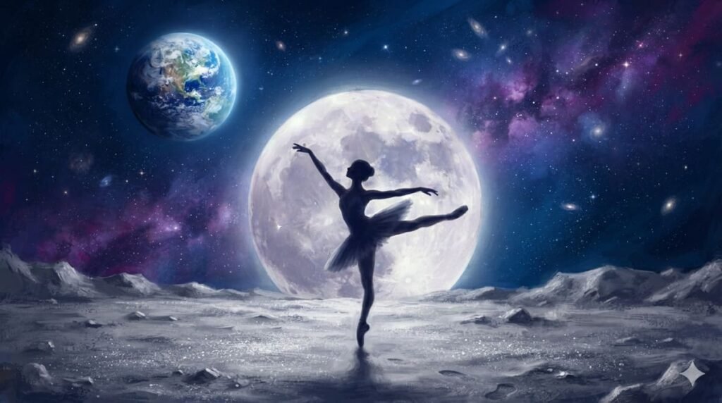 Ilustração digital de silhueta de bailarina em arabesque dançando na superfície lunar, com lua cheia brilhante e Terra ao fundo em tons de azul, prateado e roxo cósmico