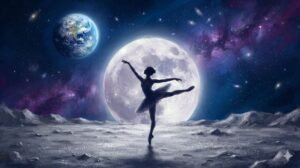Ilustração digital de silhueta de bailarina em arabesque dançando na superfície lunar, com lua cheia brilhante e Terra ao fundo em tons de azul, prateado e roxo cósmico