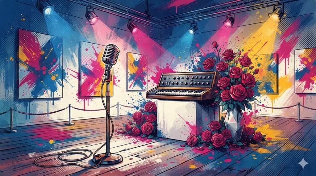 Ilustração pop-art com microfone elegante, sintetizador vintage, rosas vermelhas e luzes de passarela em paleta azul, rosa e dourado — universo de Bryan Ferry