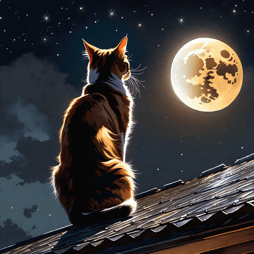 cat on top of the roof looking at the-moon
