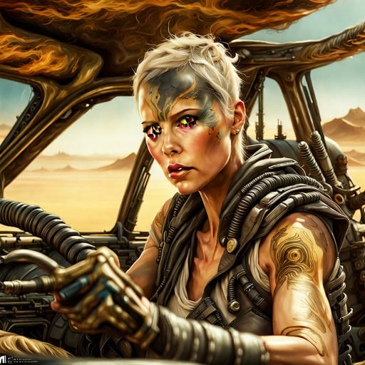 Imagem da atriz Charlize Theron. Filme Mad Max: Estrada da fúria
