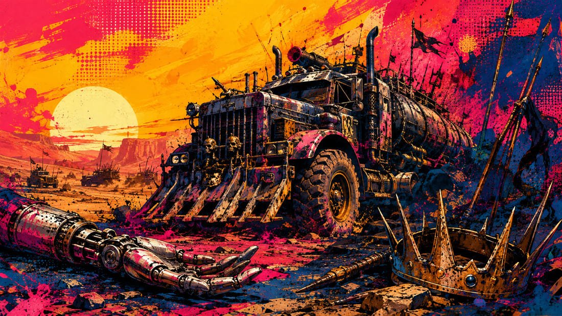 Ilustração pop-art com caminhão de guerra pós-apocalíptico, paisagem desértica ao pôr do sol, braço mecânico protético e coroa com espinhos em paleta azul, rosa e dourado