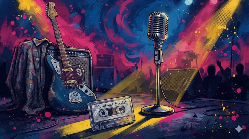 Ilustração pop-art com microfone vintage, guitarra elétrica e fita cassete em paleta azul, rosa e dourado, estética rock alternativo dos anos 90