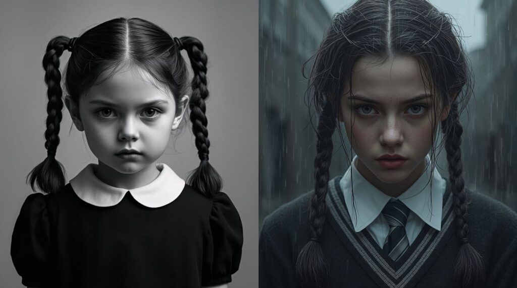 Arte comparativa mostrando lado a lado a Wandinha clássica como criança e a versão moderna adolescente com uniforme escolar listrado.