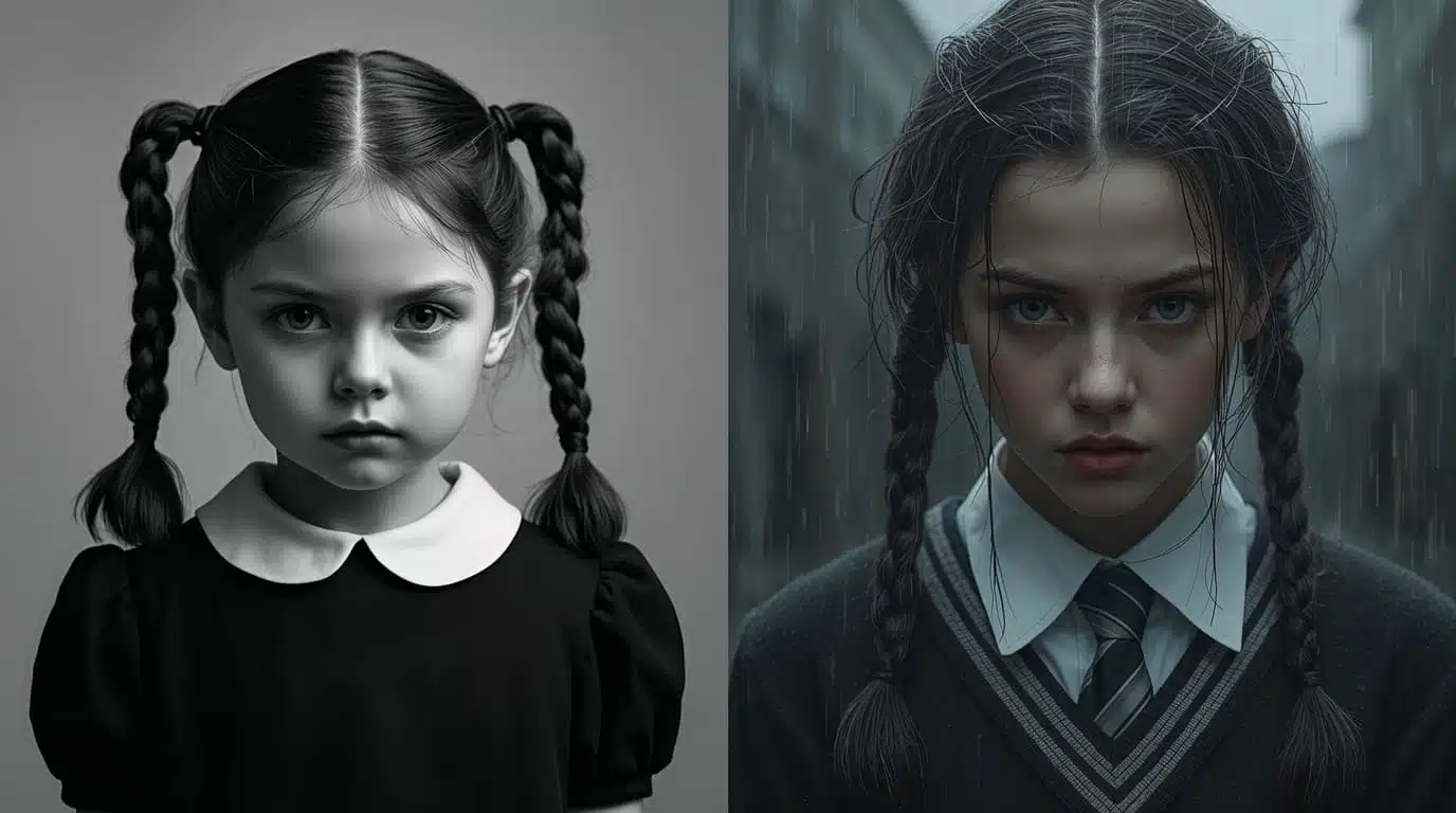 Arte comparativa mostrando lado a lado a Wandinha clássica como criança e a versão moderna adolescente com uniforme escolar listrado.