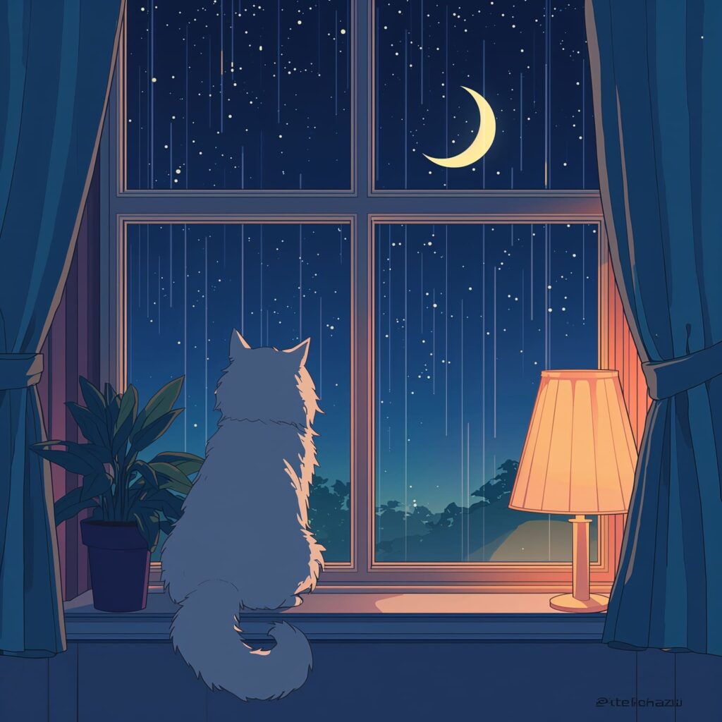 Ilustração artística estilo anime Lo-Fi de um gato sentado na janela observando a lua crescente e o céu estrelado.
