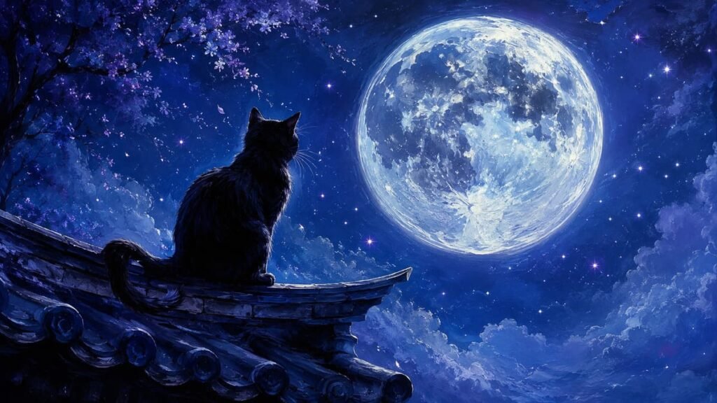 Ilustração digital artística de silhueta de gato preto sentado no telhado olhando lua cheia gigante sob céu estrelado em tons de azul e prata