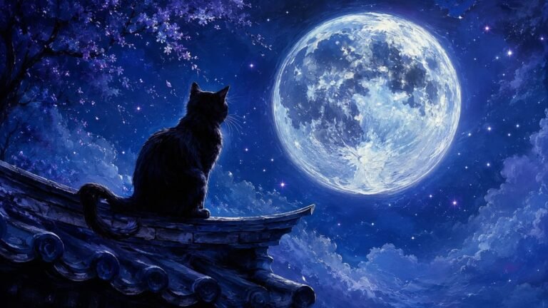 Ilustração digital artística de silhueta de gato preto sentado no telhado olhando lua cheia gigante sob céu estrelado em tons de azul e prata