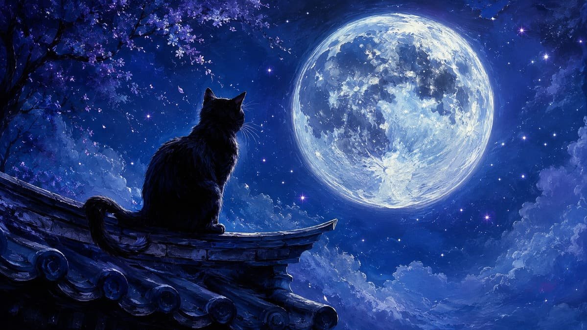 Ilustração digital artística de silhueta de gato preto sentado no telhado olhando lua cheia gigante sob céu estrelado em tons de azul e prata