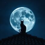 Silhueta de um gato preto sentado no topo de um telhado à noite, recortado contra uma lua cheia gigante e brilhante.