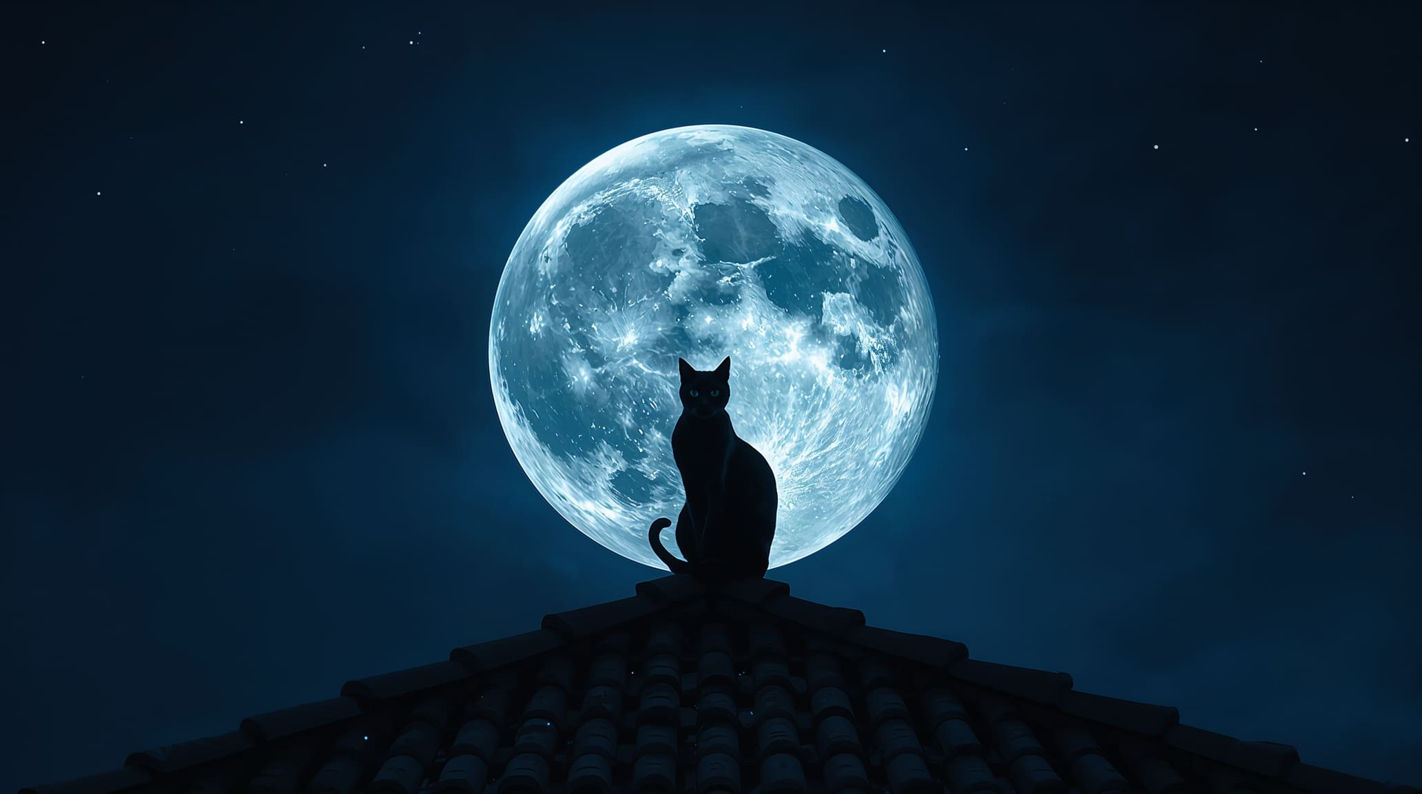 Silhueta de um gato preto sentado no topo de um telhado à noite, recortado contra uma lua cheia gigante e brilhante.
