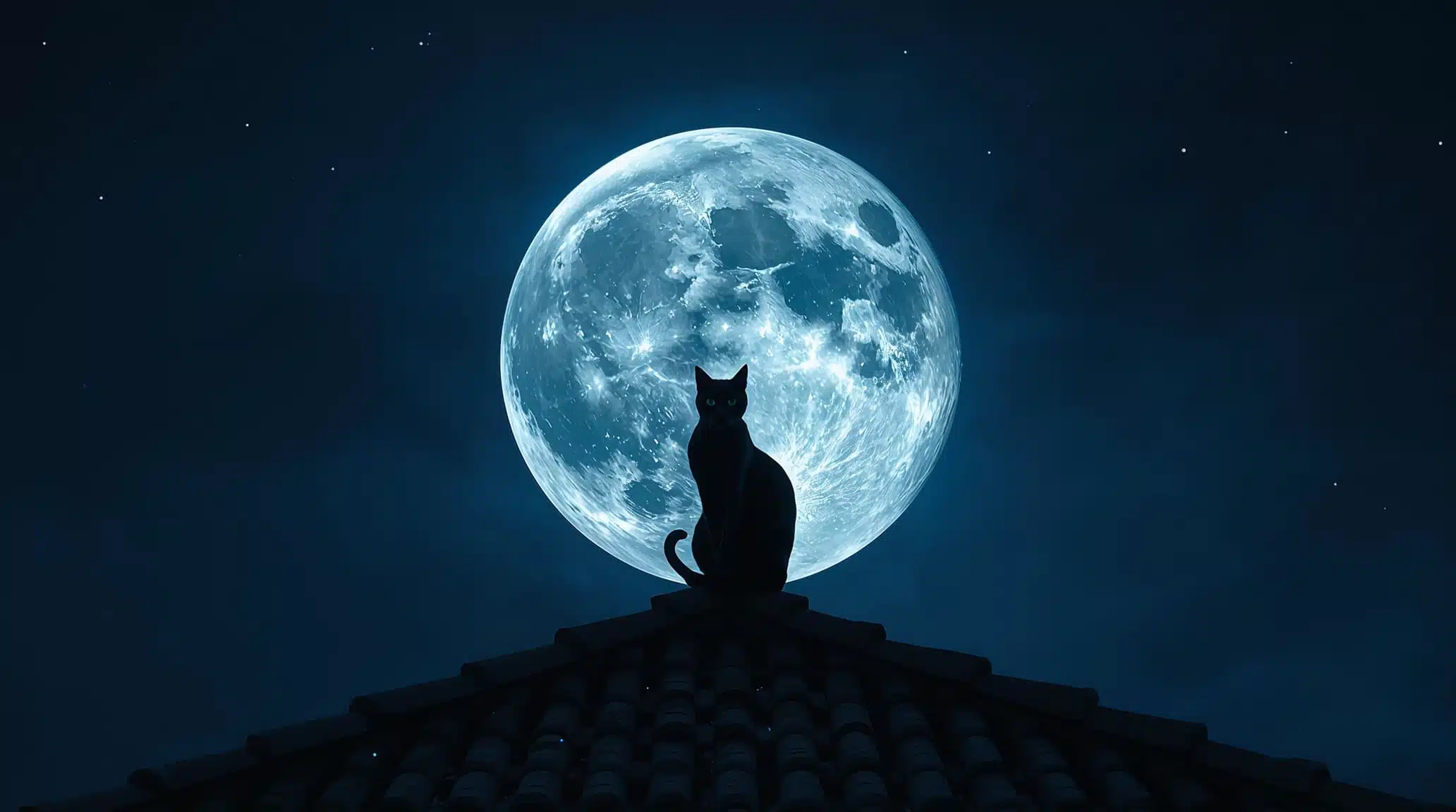 Silhueta de um gato preto sentado no topo de um telhado à noite, recortado contra uma lua cheia gigante e brilhante.