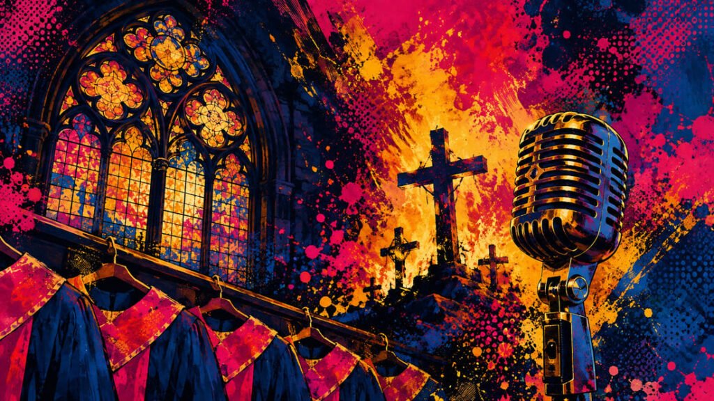 Ilustração pop-art com vitral gótico ornamentado, cruzes em chamas ao longe, microfone vintage e vestes de coral gospel em paleta azul, rosa e dourado