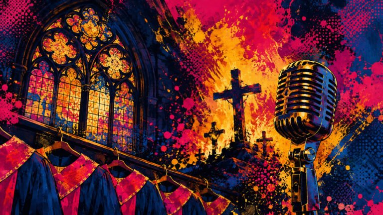 Ilustração pop-art com vitral gótico ornamentado, cruzes em chamas ao longe, microfone vintage e vestes de coral gospel em paleta azul, rosa e dourado