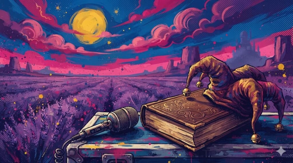 Ilustração pop-art com campos de lavanda púrpura, microfone vintage, livro antigo ornamental e chapéu de bobo da corte em paleta azul, rosa e dourado