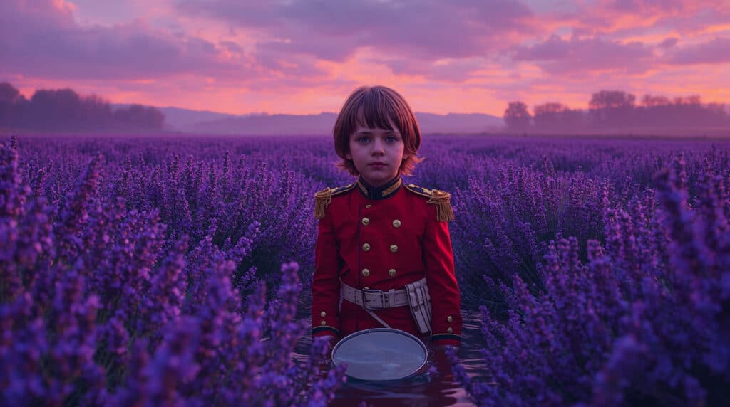 Ilustração artística de um menino com uniforme de baterista antigo em pé em um campo de flores de lavanda roxas, estilo capa de álbum de rock progressivo.