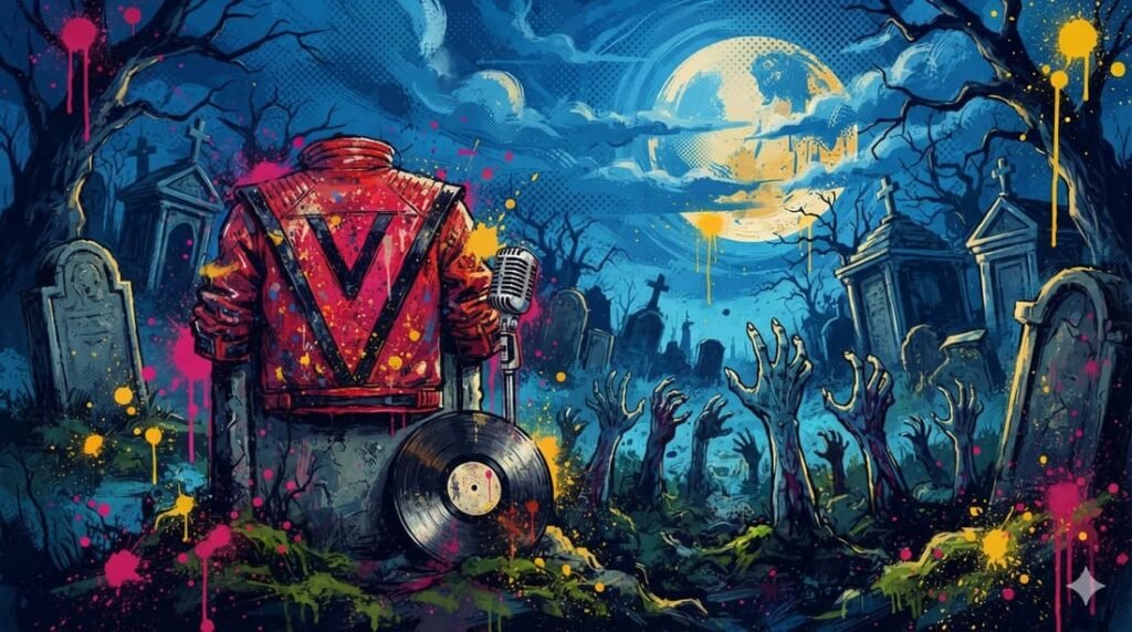 Ilustração pop-art com jaqueta vermelha de couro, microfone vintage, disco de vinil e mãos de zumbi em paleta azul, rosa e dourado — universo de Thriller