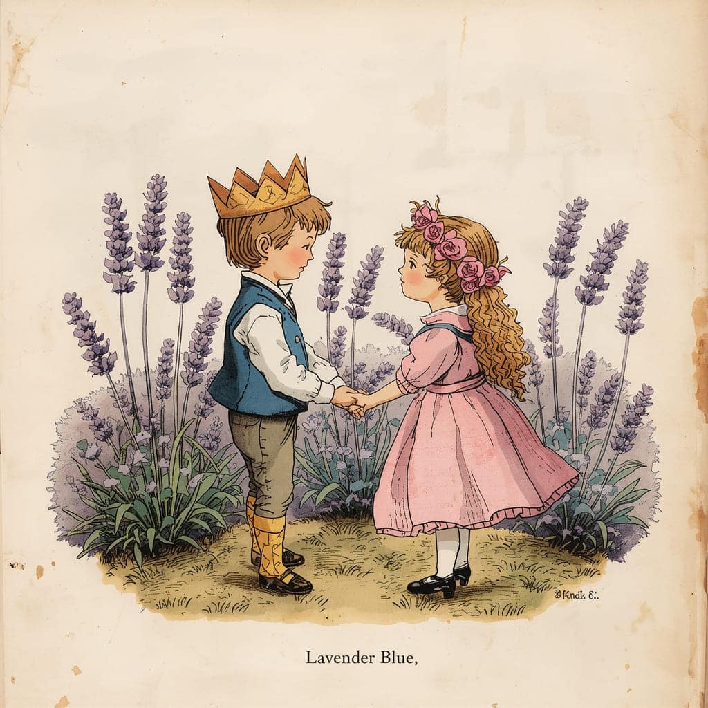 Ilustração estilo aquarela antiga mostrando um menino e uma menina brincando de rei e rainha em um jardim de lavanda.