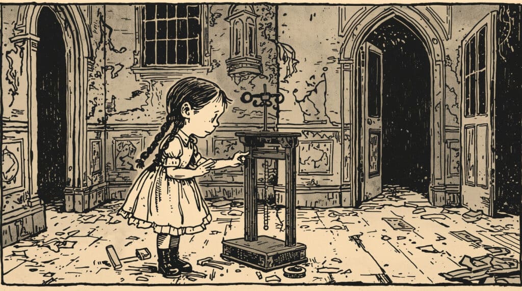 origem-wandinha-estilo-cartoon-charles-addams Ilustração em estilo cartoon de jornal antigo (nanquim) mostrando uma menina gótica com tranças em uma mansão vitoriana.