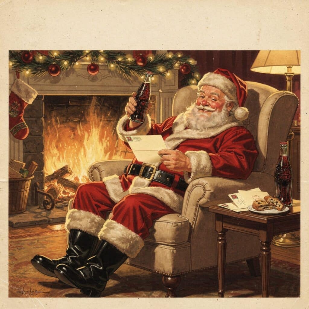 papai-noel-estilo-vintage-anos-30-ilustracao Ilustração do Papai Noel em estilo publicitário vintage dos anos 1930, rechonchudo e sorridente, vestindo vermelho vivo.