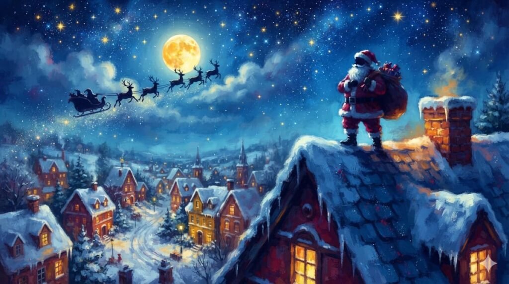 Ilustração digital artística de silhueta do Papai Noel com saco de presentes em telhado nevado sob céu estrelado e lua cheia, trenó com renas ao fundo em tons de vermelho, dourado e azul