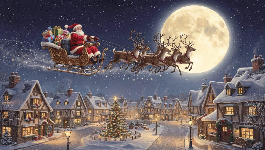 Ilustração nostálgica do Papai Noel voando em seu trenó com renas sobre uma vila nevada sob a luz do luar.