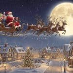 Ilustração nostálgica do Papai Noel voando em seu trenó com renas sobre uma vila nevada sob a luz do luar.