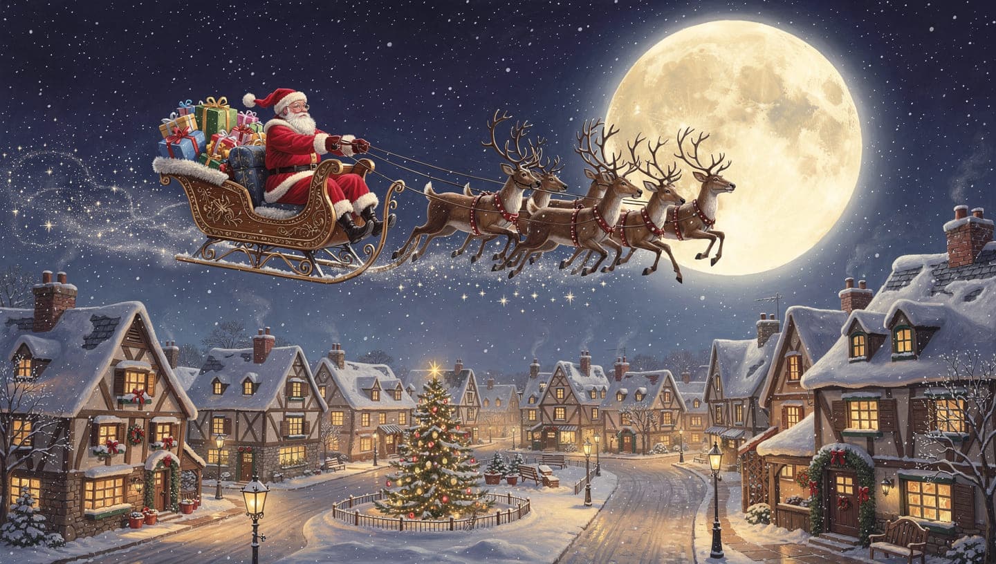 Ilustração nostálgica do Papai Noel voando em seu trenó com renas sobre uma vila nevada sob a luz do luar.