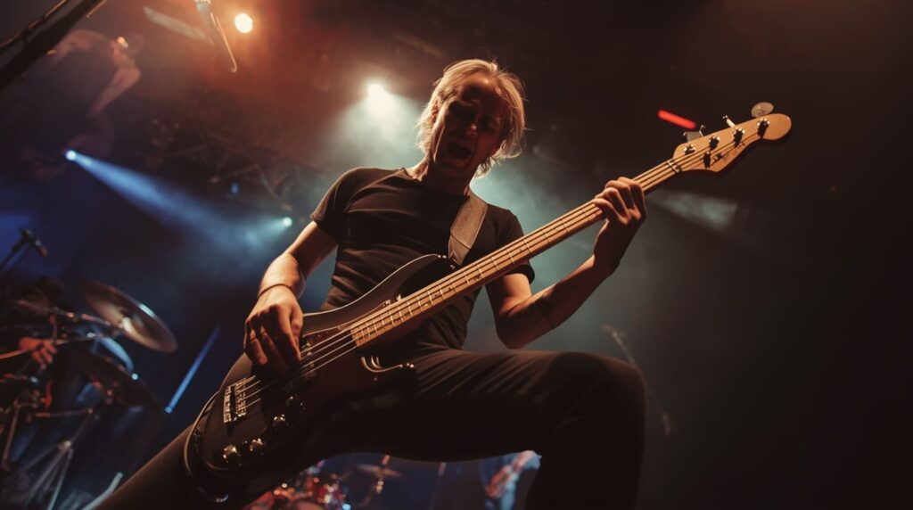 Um baixista tocando com a energia e o estilo característicos de Peter Hook, cuja melodia de baixo define Bizarre Love Triangle. Imagem criada com IA. 