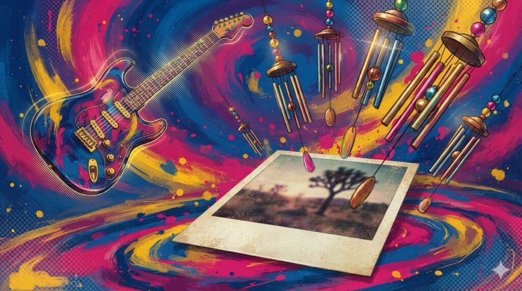 Ilustração pop-art com fotografia polaroid vintage desbotada, sinos de vento e guitarra elétrica com efeito chorus em paleta azul, rosa e dourado
