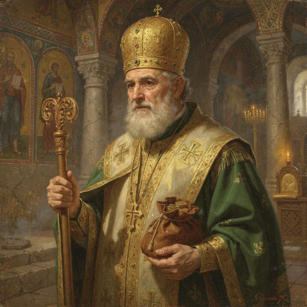 sao-nicolau-de-mira-bispo-origem-historica Pintura a óleo retratando São Nicolau de Mira como um bispo antigo, segurando um báculo e um saco de moedas de ouro.