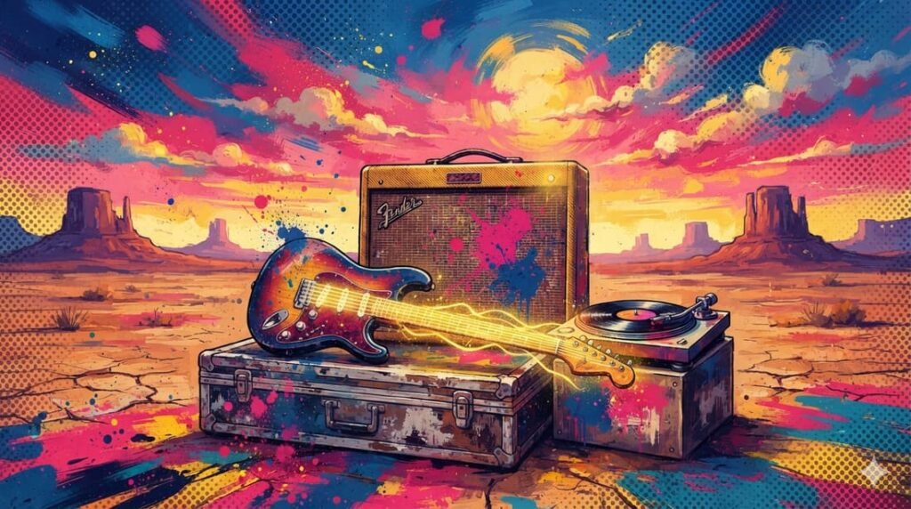 Ilustração pop-art com guitarra elétrica brilhante, amplificador vintage, disco de vinil girando e paisagem desértica ao pôr do sol em paleta azul, rosa e dourado