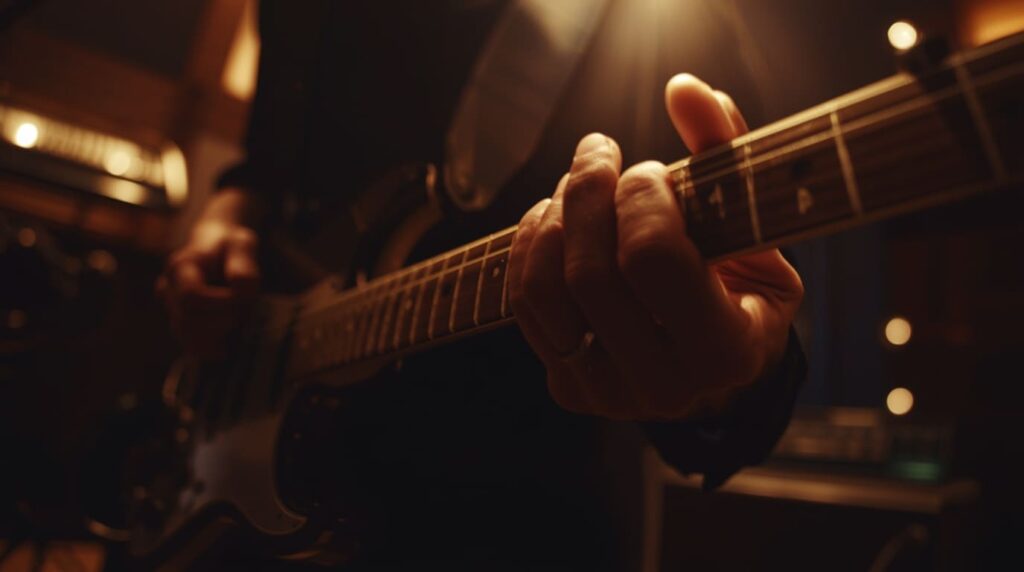 the-edge-infinite-guitar-u2 Close-up cinematográfico da guitarra de The Edge, do U2, simbolizando a criação do som etéreo de With or Without You. Imagem criada com IA.