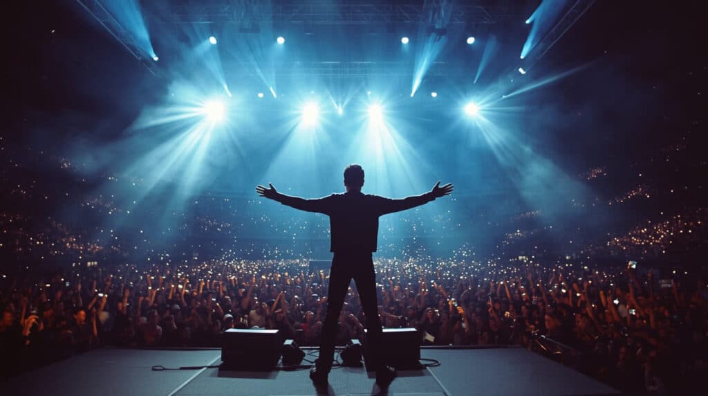 u2-ao-vivo-with-or-without-you U2 tocando a música With or Without You ao vivo em um estádio lotado durante a turnê The Joshua Tree. Imagem criada com IA.