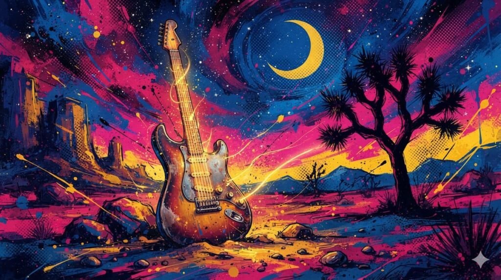 Ilustração pop-art com guitarra elétrica vintage com cordas brilhantes, paisagem desértica com silhueta de árvore de Josué e céu estrelado em paleta azul, rosa e dourado