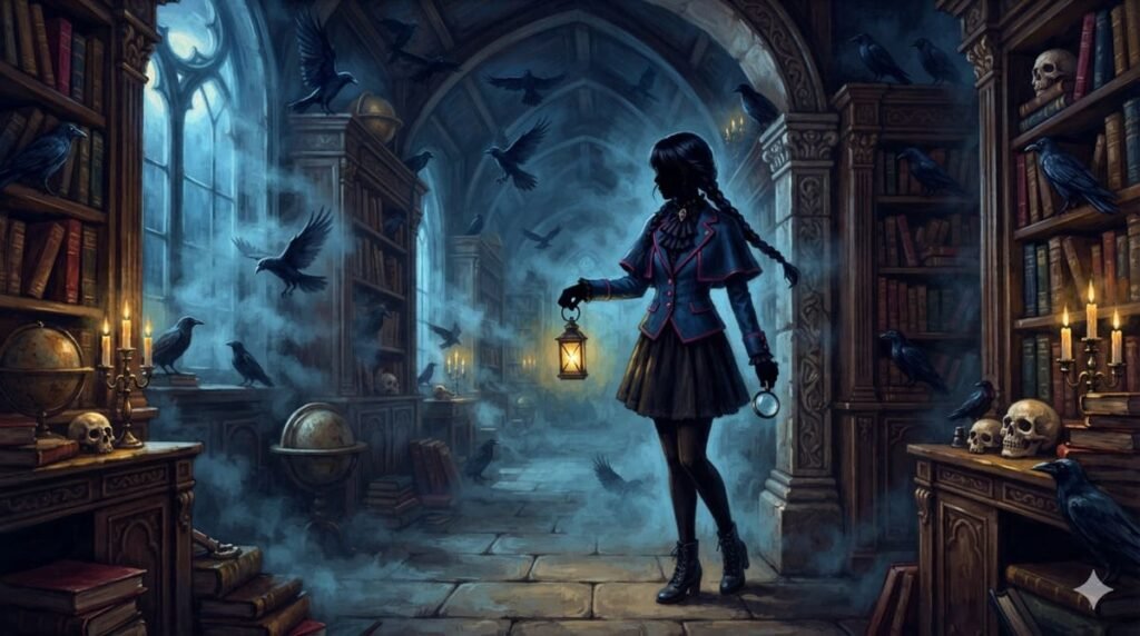 Ilustração digital em estética Dark Academia com jovem detetive gótica original de tranças em corredor de biblioteca antiga, vitrais, corvos e luz de velas