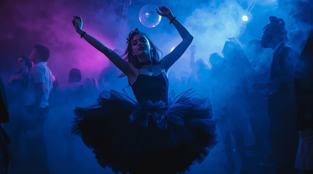 wandinha-dancando-baile-vestido-preto-viral Pintura digital artística de uma garota gótica dançando em um baile com um vestido preto de babados e tule, inspirada na cena viral.