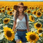 Imagem de uma mulher com chapéu caminhando entre de girassóis