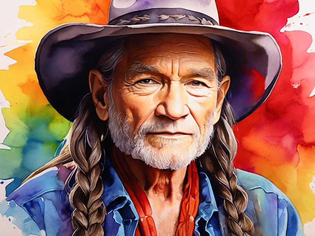 Desenho estilo aquarela do cantor Willie Nelson