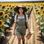 Imagem de uma mulher com chapéu caminhando em campos de girassóis