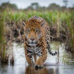 Imagem criada com IA de uma Panthera onca no Pantanal. Onça-Pintada