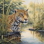 Imagem criada com IA de uma Panthera onca nadando no Pantanal. Onça-Pintada