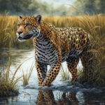 Imagem criada com IA de uma Panthera onca nadando no Pantanal. Onça-Pintada