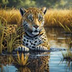 Imagem criada com IA de uma Panthera onca nadando no Pantanal. Onça-Pintada